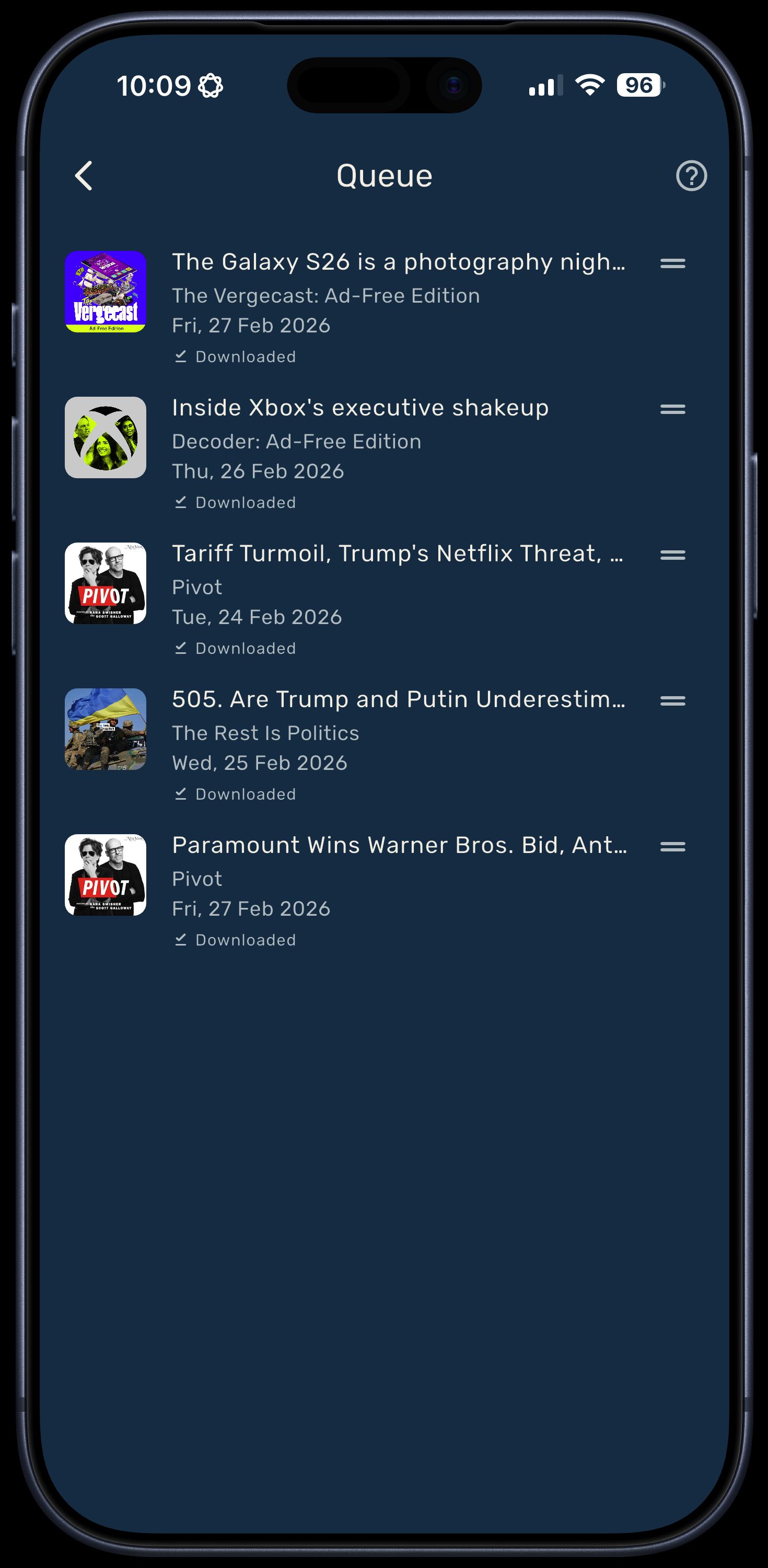A screenshot showing the Queue screen of the Crest app.