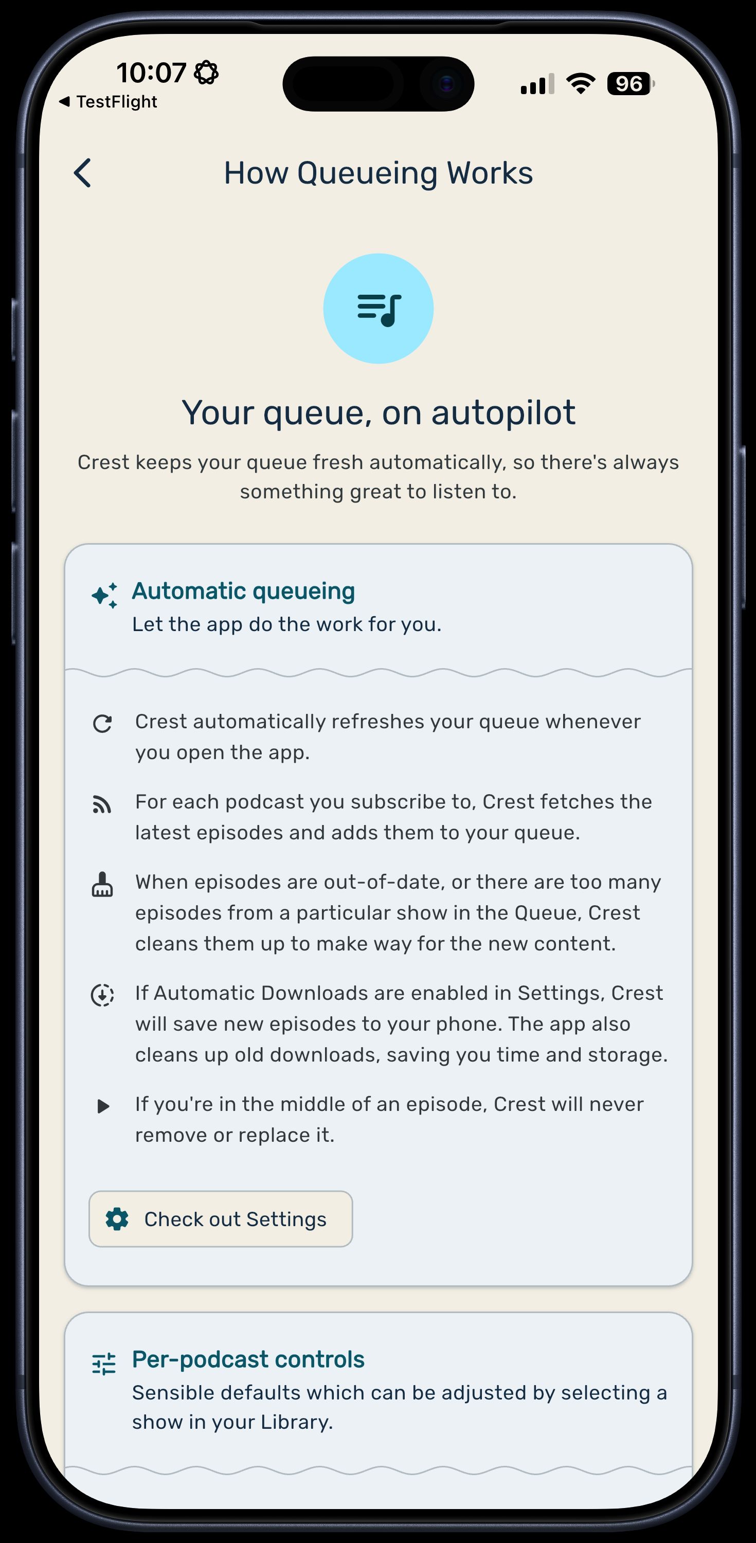 A screenshot showing the "How Queueing Works" screen of the Crest app.