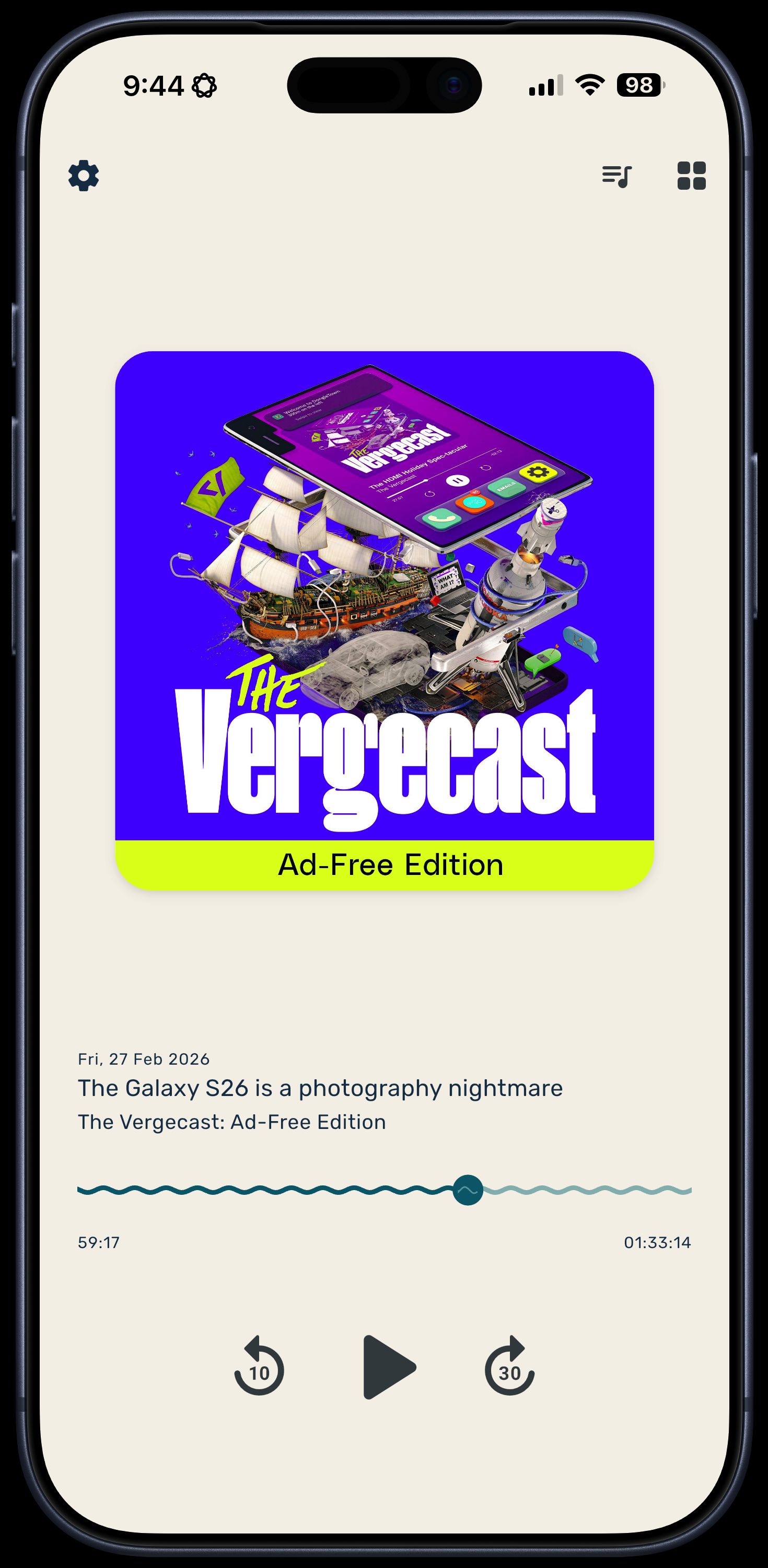 The home screen of Crest, displaying an in-progress episode of The Vergecast.